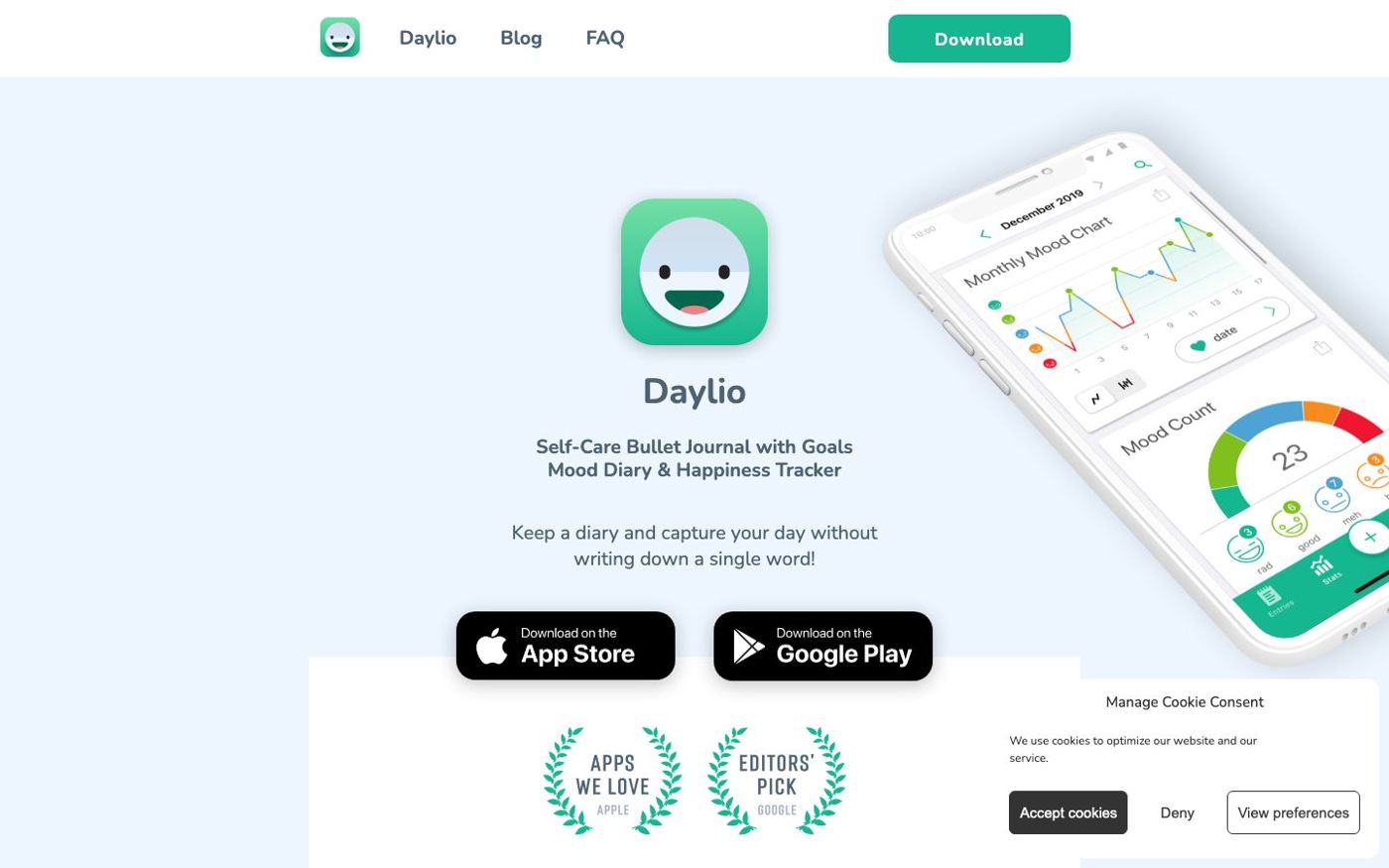 Daylio app homescreen showing mood tracking interface