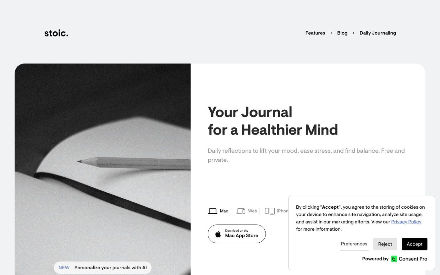 stoic. app homescreen showing guided journaling interface