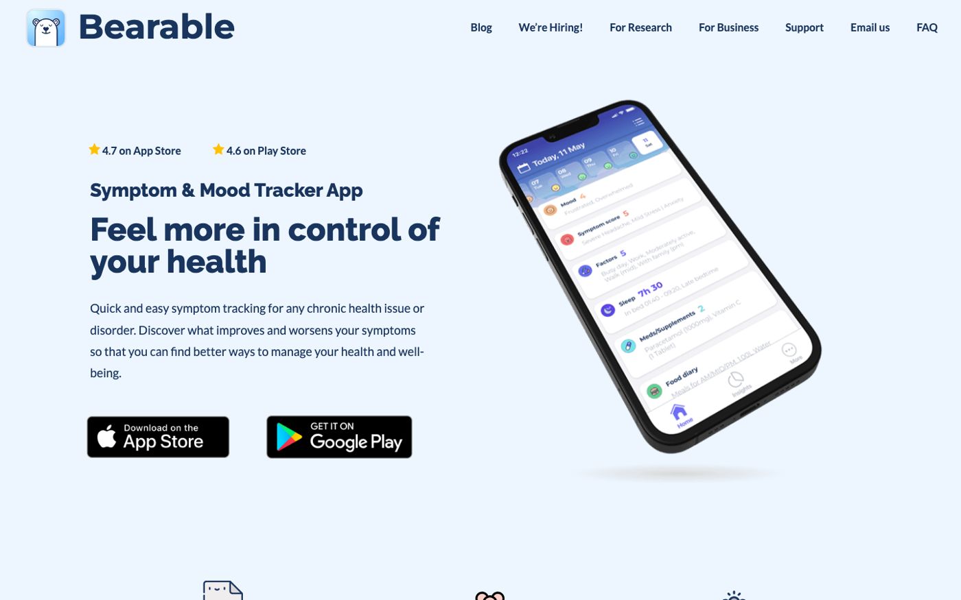 Bearable website showing the symptom and mood tracking interface