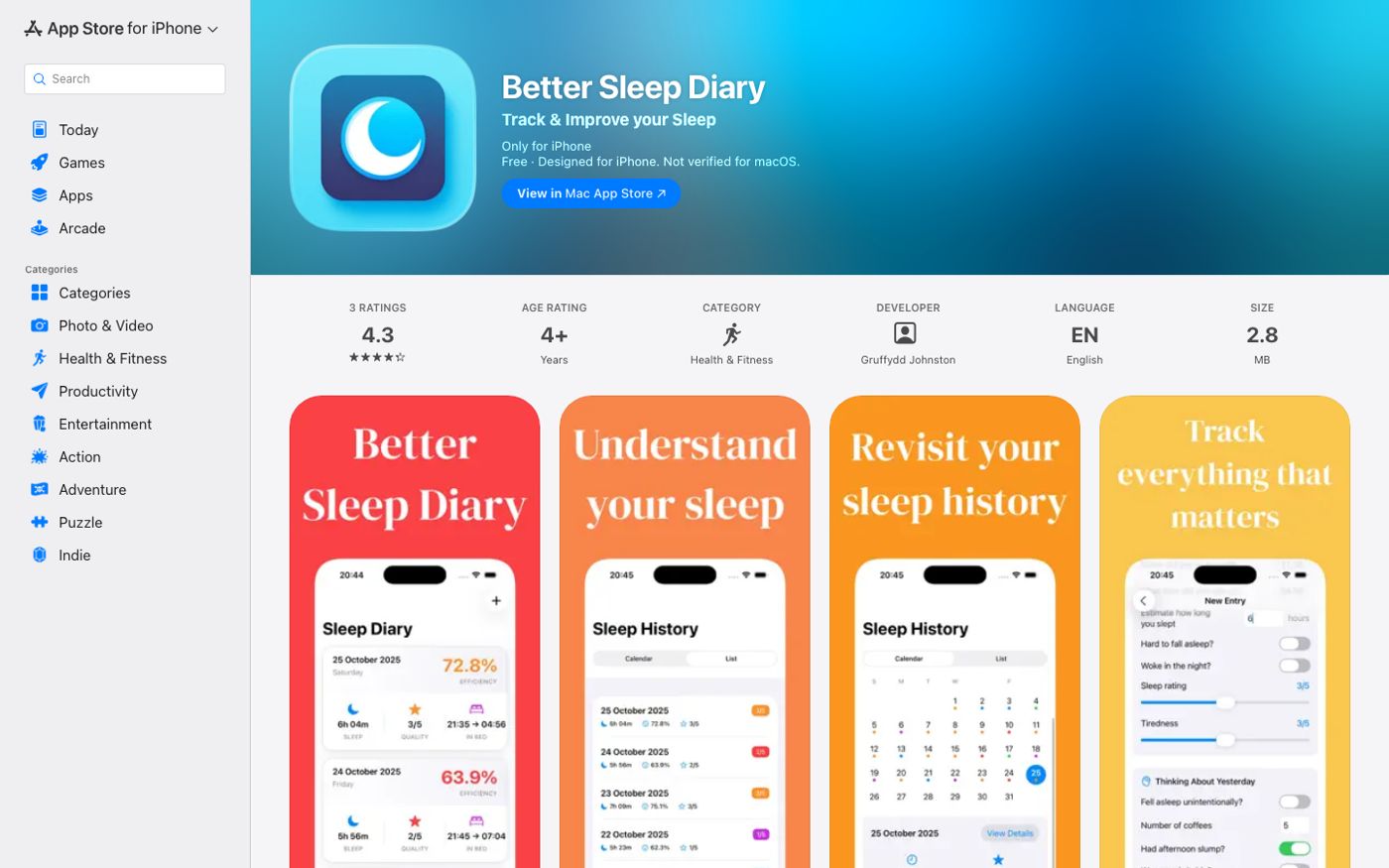 Better Sleep Diary App Store listing showing sleep log and history screens
