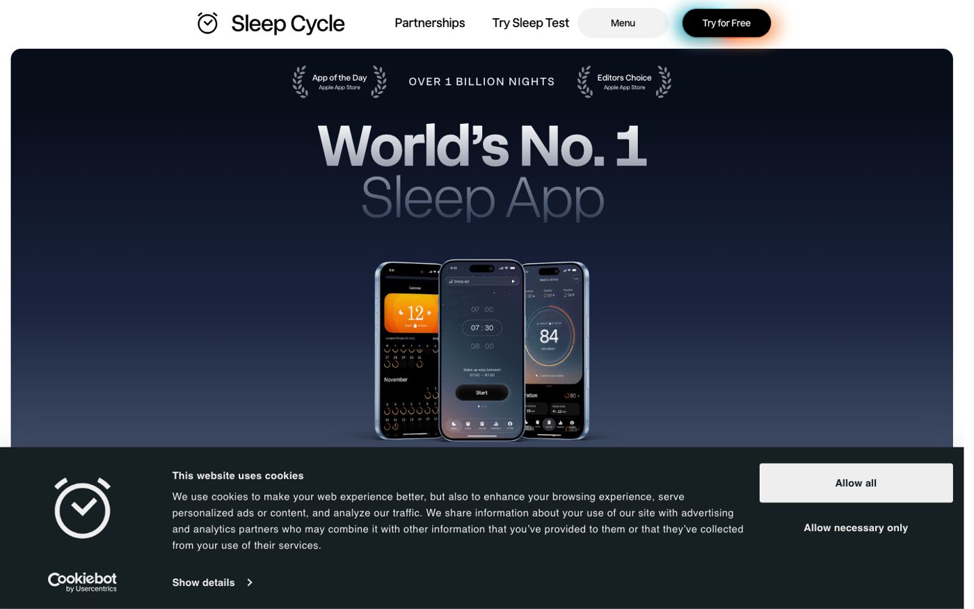 Sleep Cycle website showing the sleep tracker and smart alarm interface